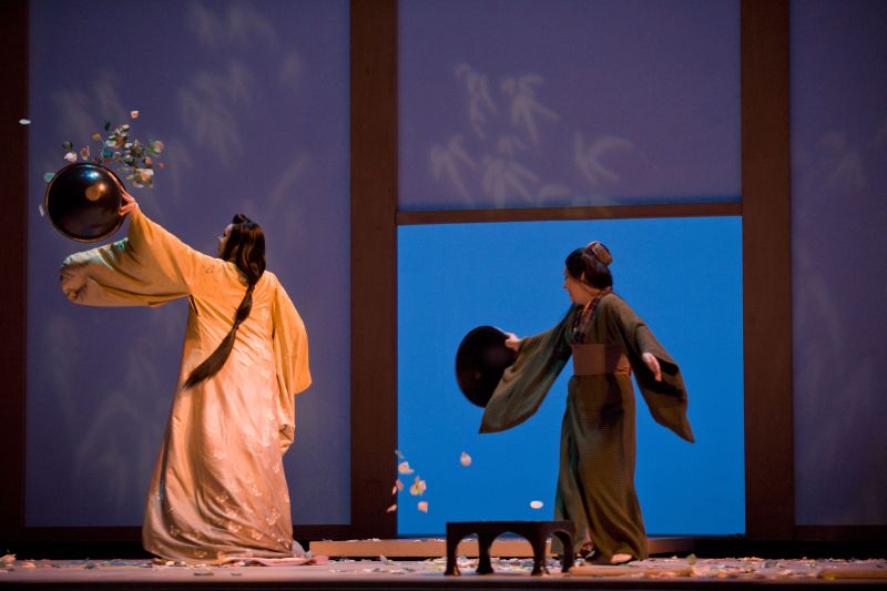 Kristine Opolais as Cio-Cio-San and Helene Schneiderman as Suzuki in the Royal Opera revival of Madama Butterfly (2003) by Giacomo Puccini (1858-1924) directed by Moshe Leiser and Patrice Caurier with set designs by Christian Fenouillat, costumes by Agostino Cavalca and lighting by Christophe Forey, performed at the Royal Opera House, Covent Garden on 22 June 2011. ARPDATA ; MADAMA BUTTERFLY ; Music by Puccini ; Kristine Opolais (as Cio-Cio-San) and Helene Schneiderman (as Suzuki) ; The Royal Opera ; At the Royal Opera House, London, UK ; 22 June 2011 ; Credit: Mike Hoban / Royal Opera House / ArenaPAL