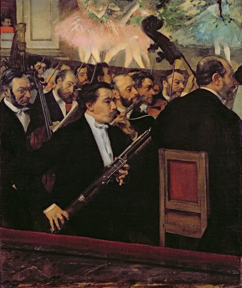 XIR16124 The Opera Orchestra, c.1870 (oil on canvas) by Degas, Edgar (1834-1917); 56.5x46 cm; Musee d'Orsay, Paris, France; French,  out of copyright.