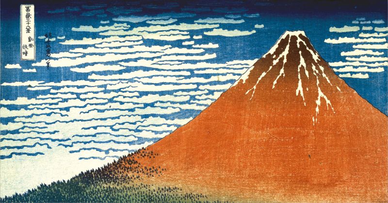 Clear day with a southern breeze (‘Red Fuji’) from Thirty-Six Views of Mt Fuji. Colour woodblock, 1831. British Museum.