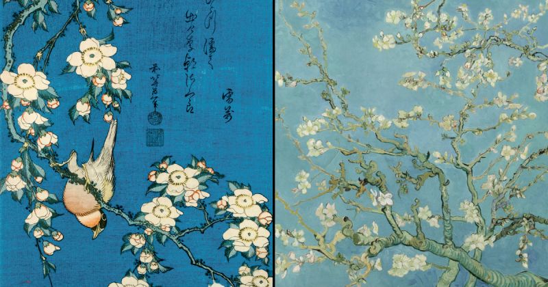 Weeping cherry and bullfinch. Colour woodblock print, c. 1834. Almond Blossom, oil on canvas 1890. Van Gogh Museum. Vincent van Gogh 