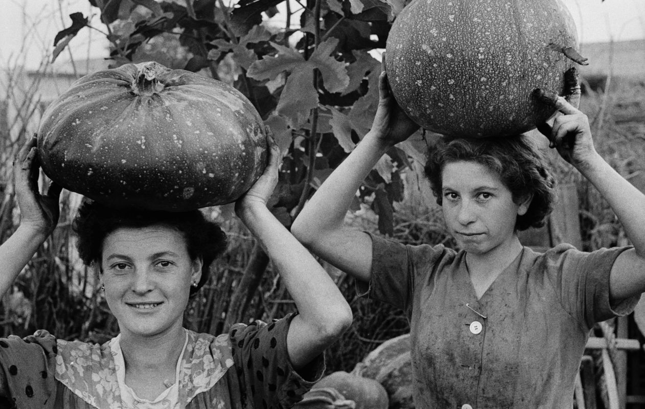 DONNA due giovani raccoglitrici di zucche, ne portano via una ciascuno trasportandola sulla testa.  fotografia di Ando Gilardi (parte della mostra Olive e bulloni - Ando Gilardi Lavoro contadino e operaio nell'Italia del dopoguerra 1950-1962) Qualiano (NA) 1955 circa